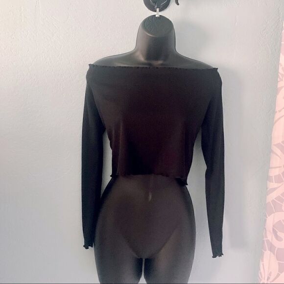 Boohoo Black Ribbed Off Shoulder Crop Top Size 10 - Picture 1 of 8